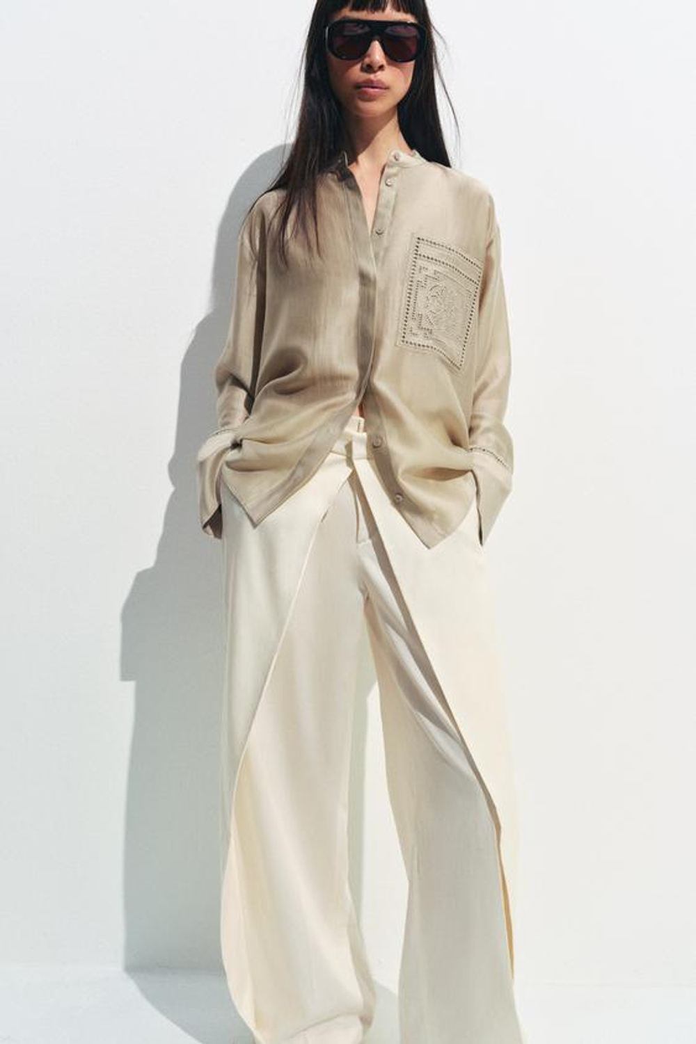 ZARA РУБАШКА С ВЫШИВКОЙ И КАРМАНОМ — ZW COLLECTION, СЕРО-КОРИЧНЕВЫЙ