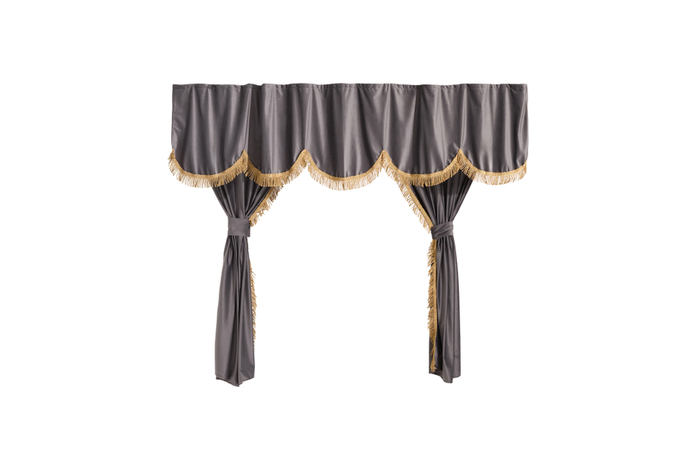 Шторы спального места с ламбрекеном и прихватами в кабину Volvo, Scania, MAN, DAF, Merc, Камаз, Sitrak, Shacman, Foton, FAW. Высота 1,5м, ширина одной стороны - 1,15м. Блэкаут, велюр. Серый цвет с бежевой бахромой