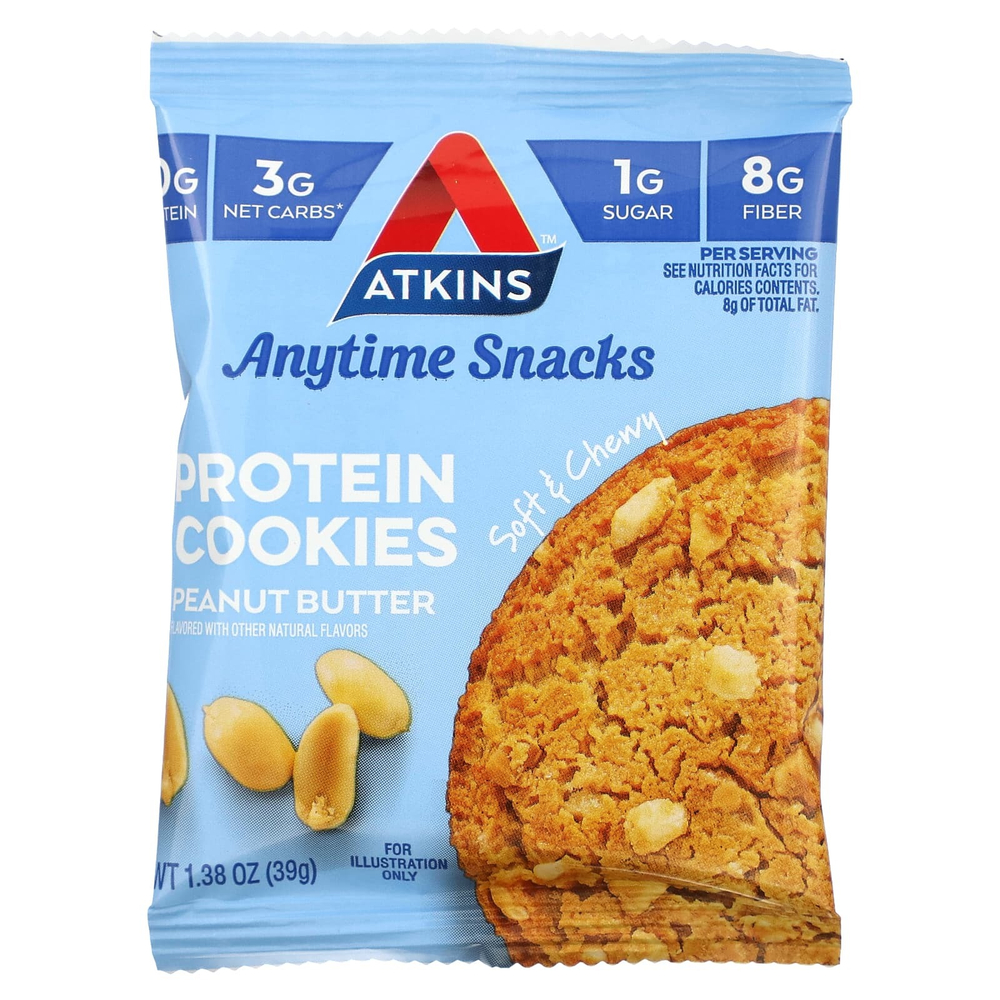 Atkins, Everytime Snacks, протеиновое печенье, арахисовая паста, 4 шт. по 39 г (1,38 унции)