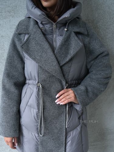 Серый комбинированный пуховик-пальто на кулиске