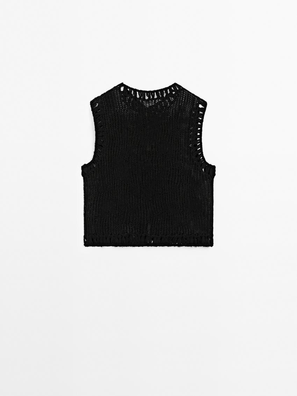 Massimo Dutti Трикотажный жилет с вышивкой, черный