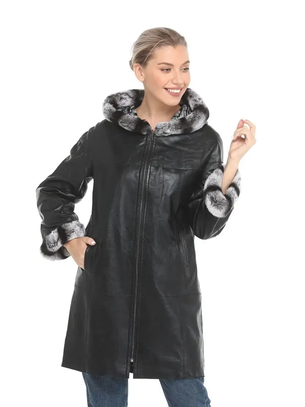 Женское пальто из натуральной кожи  с капюшоном двустороннее