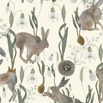 Зайчики и подснежники (бежевый фон)