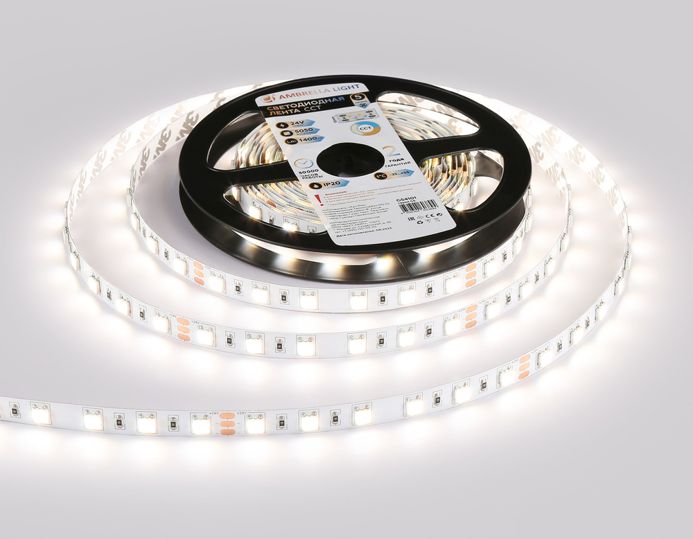 GS4101 5050 60Led/ 14W m/ 24V IP20 CCT 3000-6500K/ 5000*10*1.87mm (3 конт.)