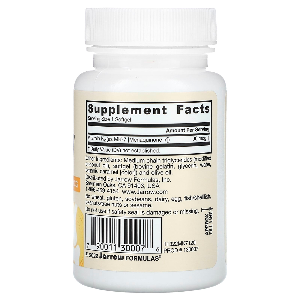Jarrow Formulas, MK-7, витамин K2 в форме MK-7, 90 мкг, 120 мягких таблеток