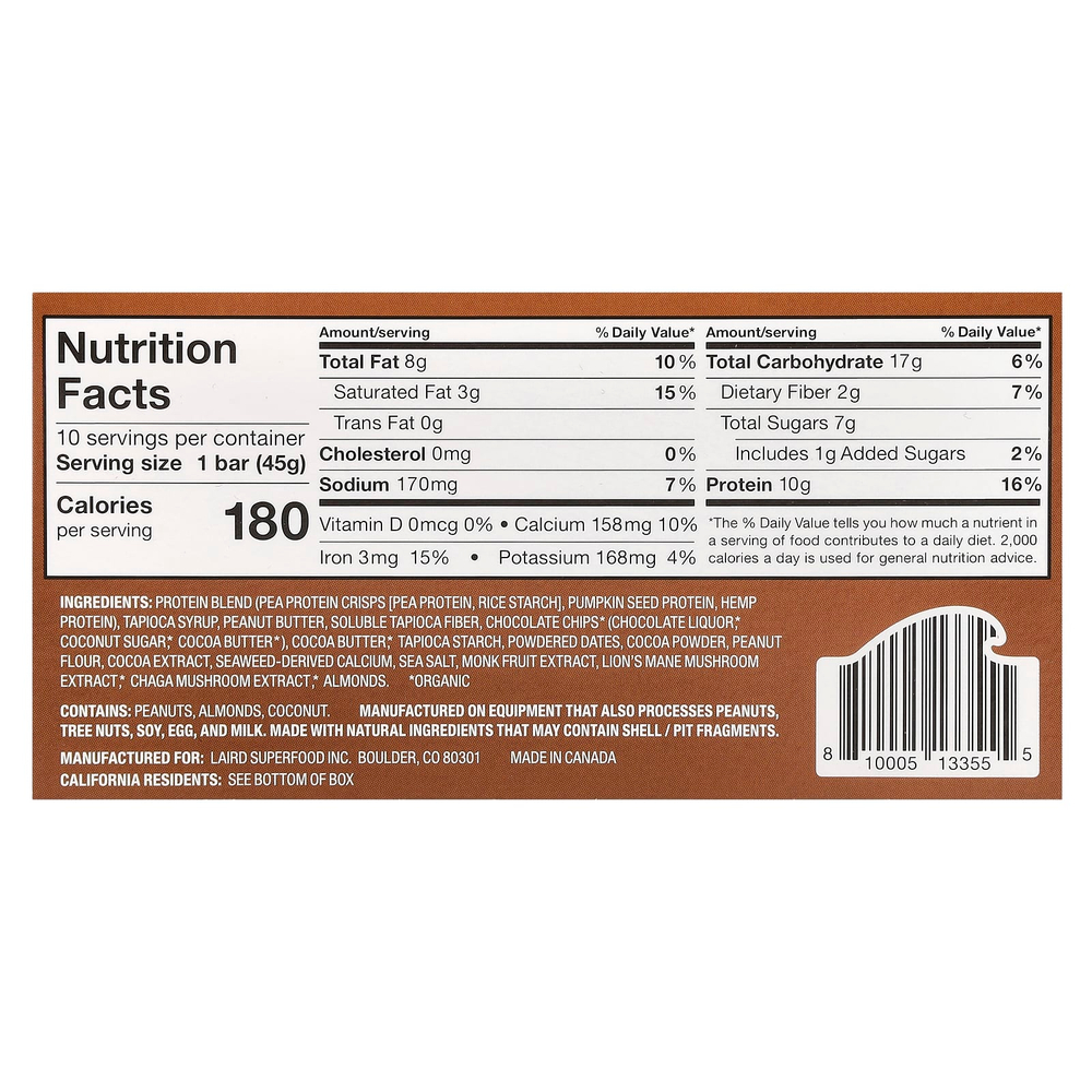 Laird Superfood, Протеиновый батончик Superfood + адаптогены, двойной шоколад с арахисовой пастой, 10 батончиков по 45 г (1,6 унции)