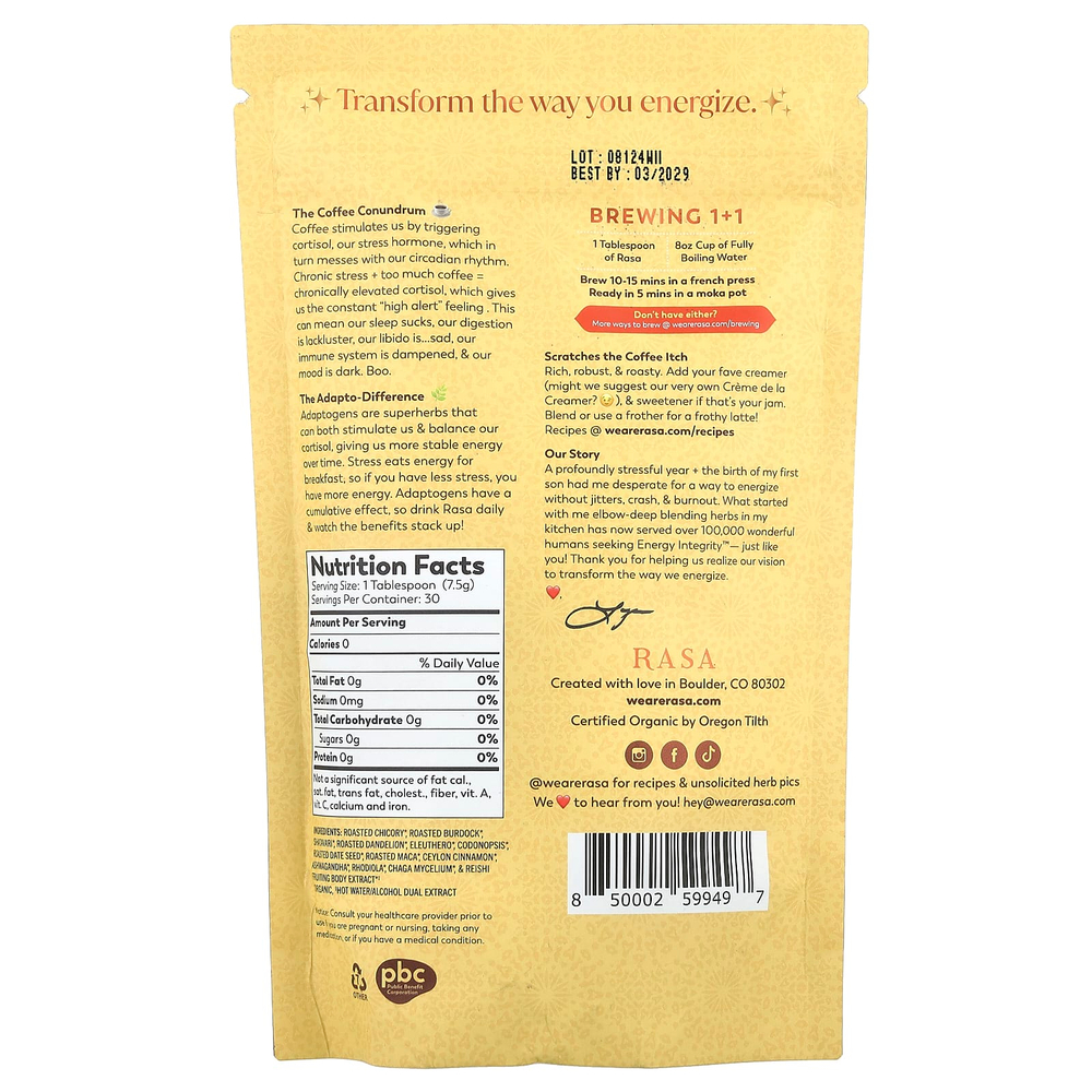 Rasa, Травяной альтернативный кофе, упакованный адаптогенами, оригинальный, 226 г (8 унций)