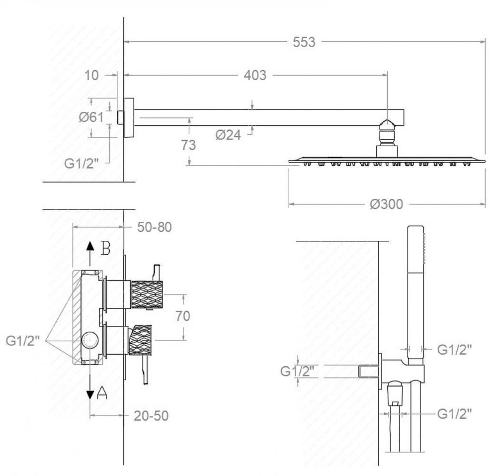 Встраиваемый смеситель для душа на 2 выхода с троп. и руч. душем ODISEA JOYA K5915122GR графит