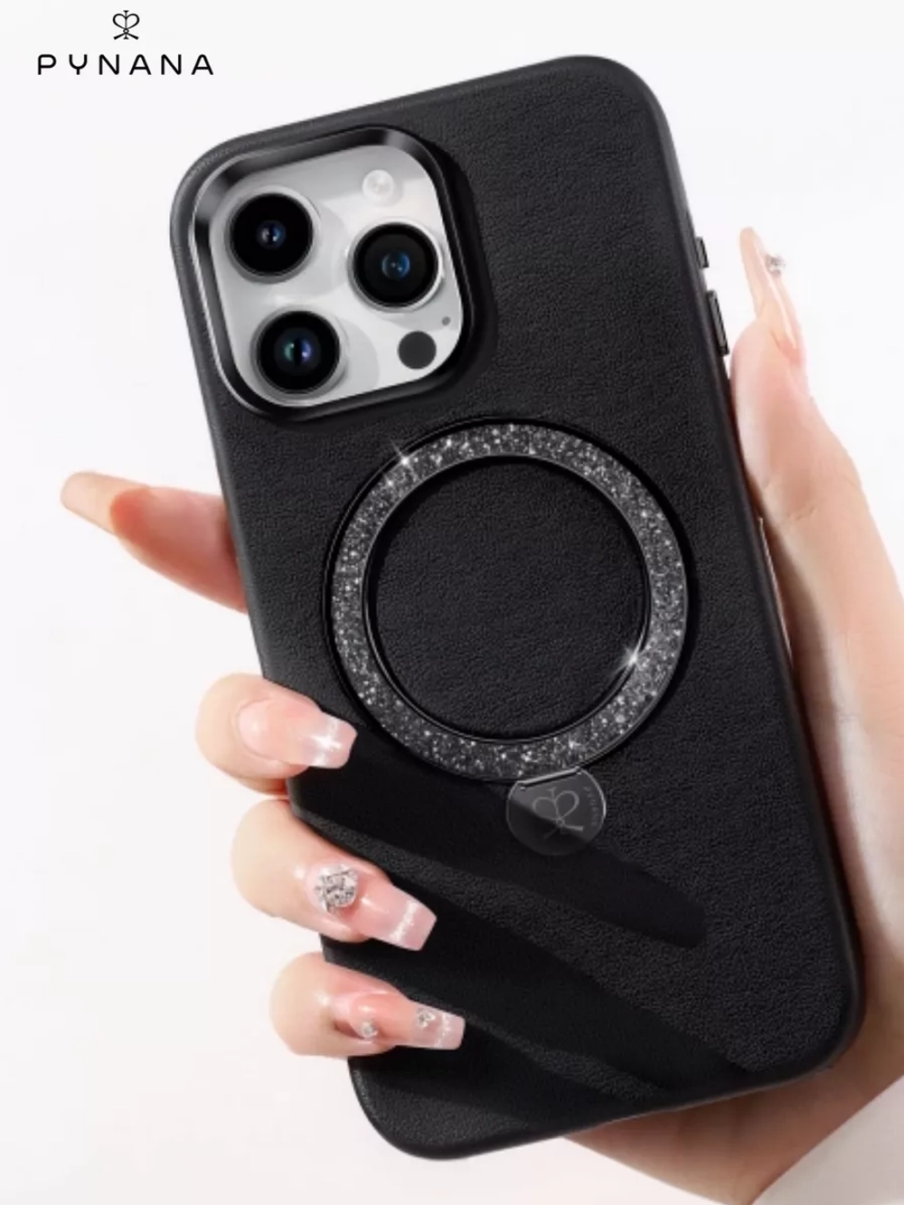 Чехол PYNANA для iPhone 15 PRO MAX кожа, австрийский хрусталь, полуночно-черный