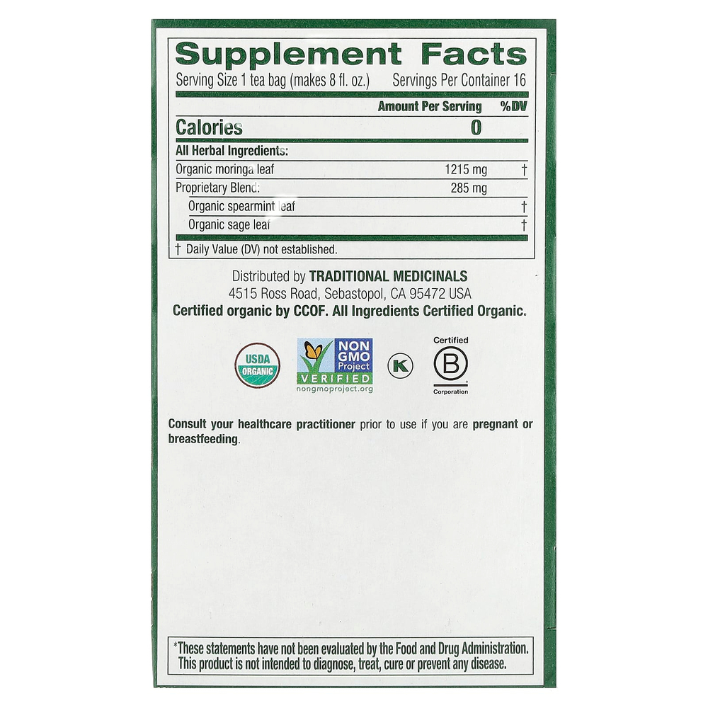 Traditional Medicinals, органическая моринга с перечной мятой и шалфеем, без кофеина, 16 чайных пакетиков, 24 г (0,85 унции)
