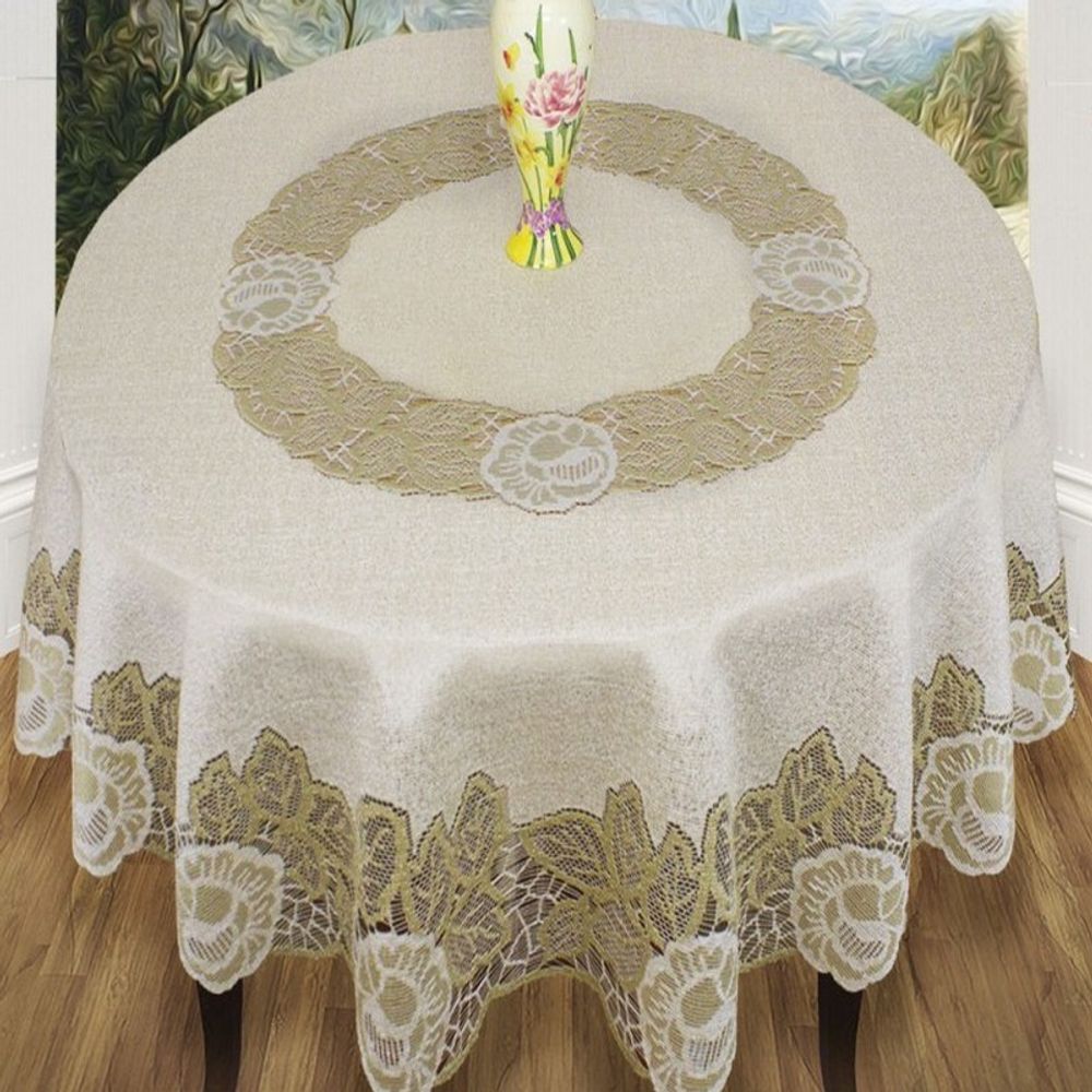 Скатерть жаккардовая круглая, цвет кремово-золотистый, Польша. Скатерть жаккардовая круглая, цвет кремово-золотистый, Польша.