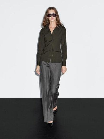 Massimo Dutti Эластичная рубашка из смесового хлопка, зеленый