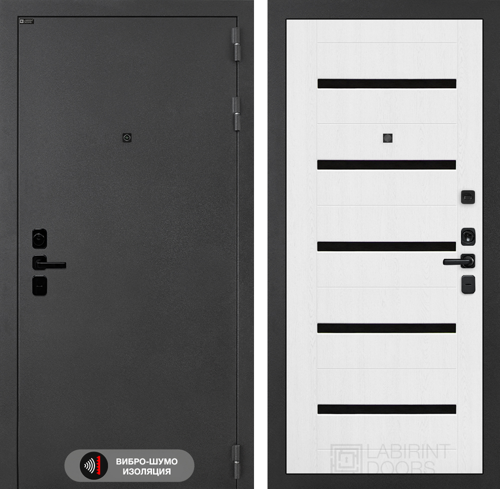 Дверь входная Лабиринт ACUSTIC 01 Белое дерево, стекло черное металлическая