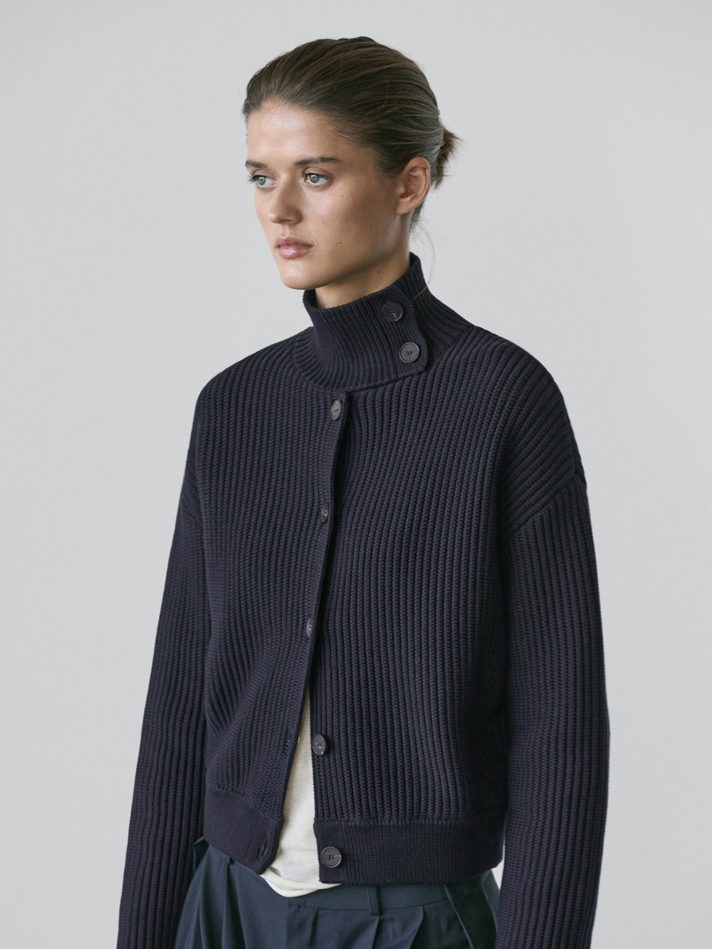 Massimo Dutti Вязаный кардиган с высоким воротником, темно-синий