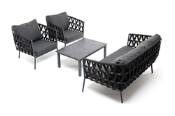 "Диего" лаунж-зона 4-местная плетеная из роупа со столиком "Канны" цвета "дуб", основание дуб, роуп бежевый