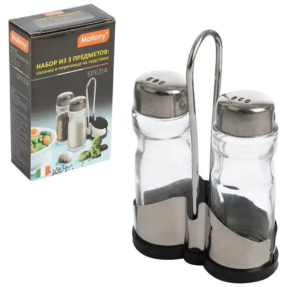 Набор для специй SPEZIA солонка 40мл, перечница 40 мл на подставке, нерж.сталь/стекло