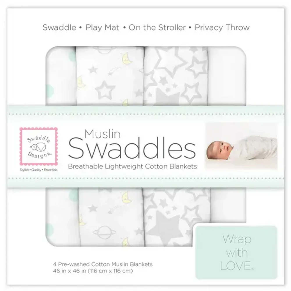 SwaddleDesigns Набор пеленок муслин 4 шт. - Goodnight Starshine, Sterling
