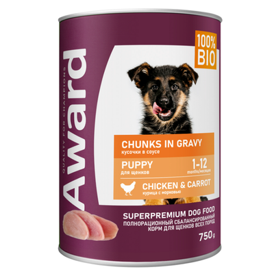 Влажный корм award для щенков кусочки с курицей и морковью 750г (34099)