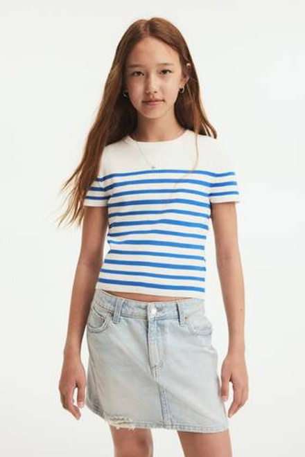 H&M Укороченный топ в рубчик, белый/синий