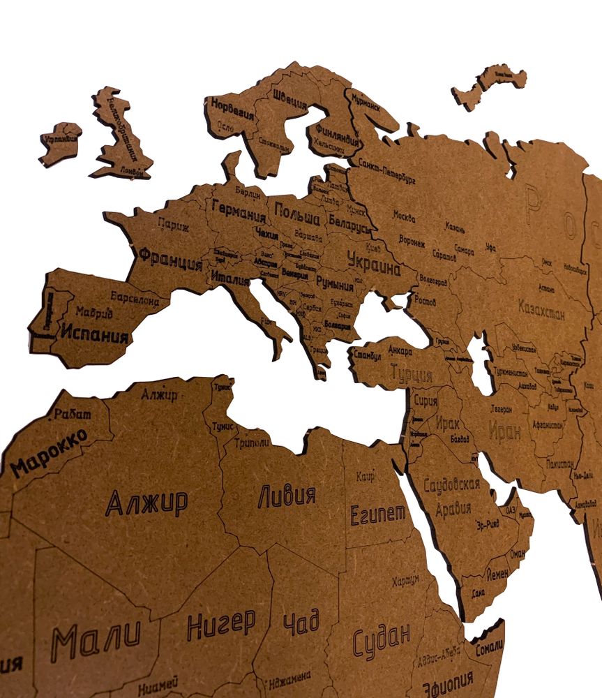 Деревянная карта мира 150х80 см Countries Rus с гравировкой стран и городов, кор