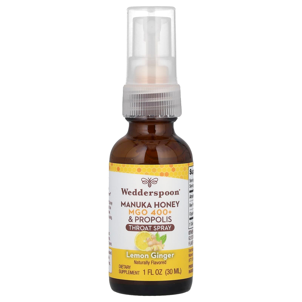 Wedderspoon, Спрей для горла с медом и прополисом Manuka, лимонный имбирь, MGO 400+, 30 мл (1 жидк. унц.)