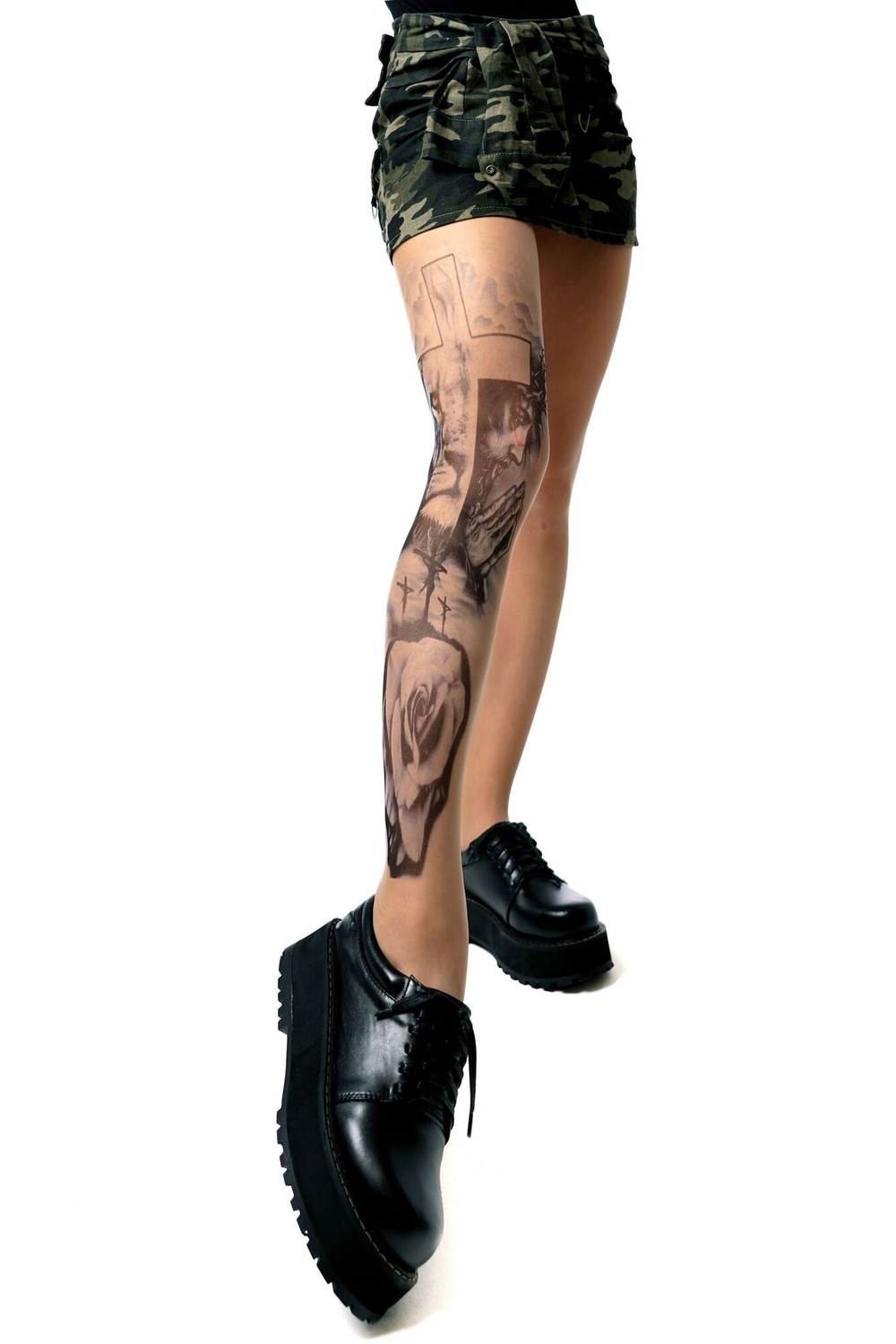 Колготки с принтом по религиозным мотивам на правой ножке (Размер: S-M-L) (Цвет: бежевый)