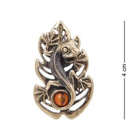 AM-4072 Брошь «Ящерка на листике» (латунь, янтарь)