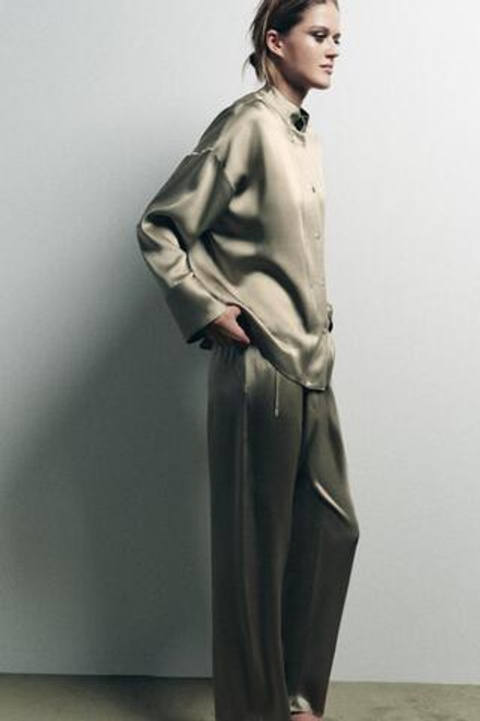 ZARA БРЮКИ BAGGY ИЗ АТЛАСА, РЫЖЕВАТО-КОРИЧНЕВЫЙ