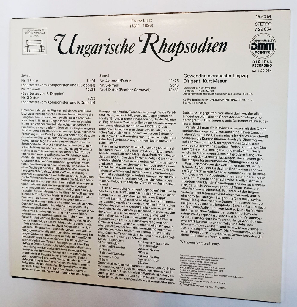 Винтажная виниловая пластинка Franz Liszt Ф. Лист, Gewandhausorchester Leipzig, Kurt Masur Ungarische Rhapsodien (GDR 1989)