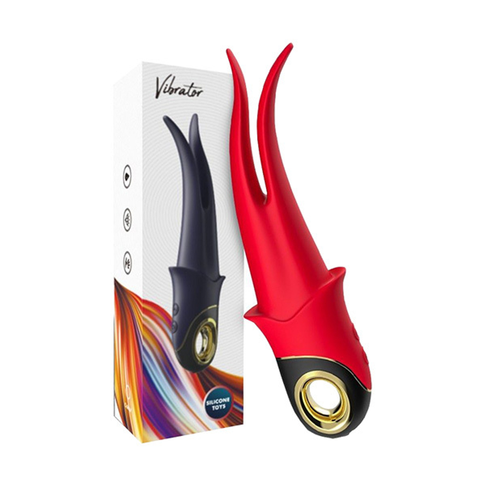 Красный стимулятор эрогенных зон с раздвоенным концом 23,5см Silicone Toys Shadow USK-V13