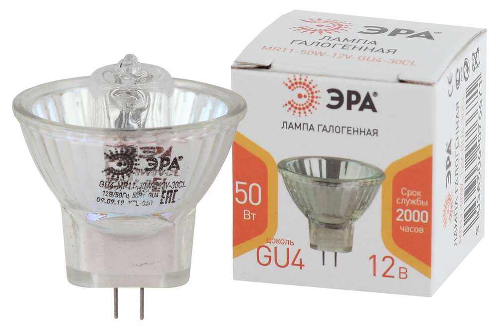 Лампа галогенная Эра MR11 50W-220V-30 CL GU4 (галоген, софит, 50Вт, нейтр, GU4)