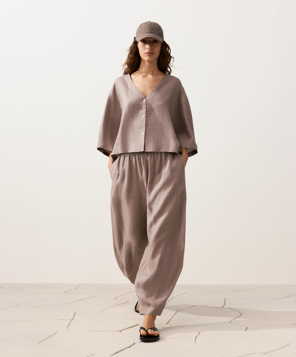 OYSHO Брюки-баллоны из 100% льна, серо-коричневый