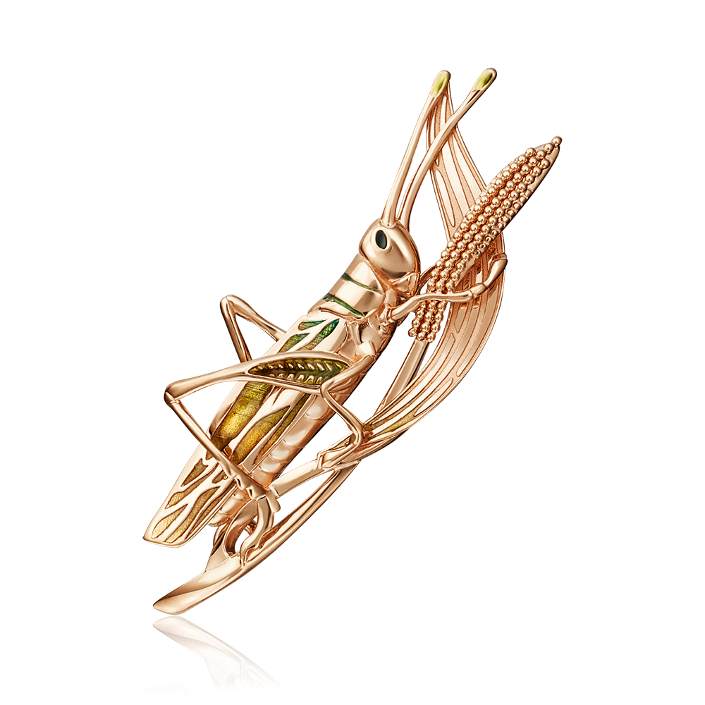 Брошь «Кузнечик» из красного золота с эмалью