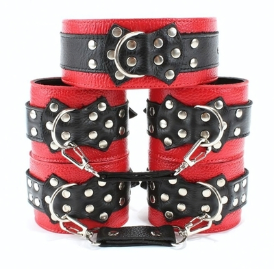 Набор кожаных красно-черных БДСМ-аксессуаров (Цвет: красный с черным)