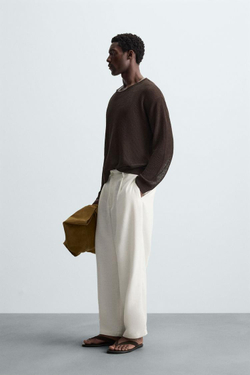 ZARA СВИТЕР ИЗ ЛЬНЯНОЙ СМЕСОВОЙ ТКАНИ С РЕЛЬЕФНЫМ УЗОРОМ, КОРИЧНЕВЫЙ