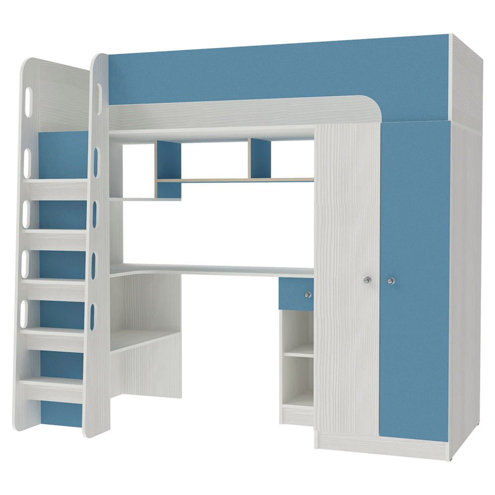 Кровать-чердак КарИВи Астра 10 Белое Дерево Светло-синий, голубой