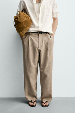 ZARA БРЮКИ RELAXED FIT ИЗО ЛЬНА И ХЛОПКА, РЫЖЕВАТО-КОРИЧНЕВЫЙ