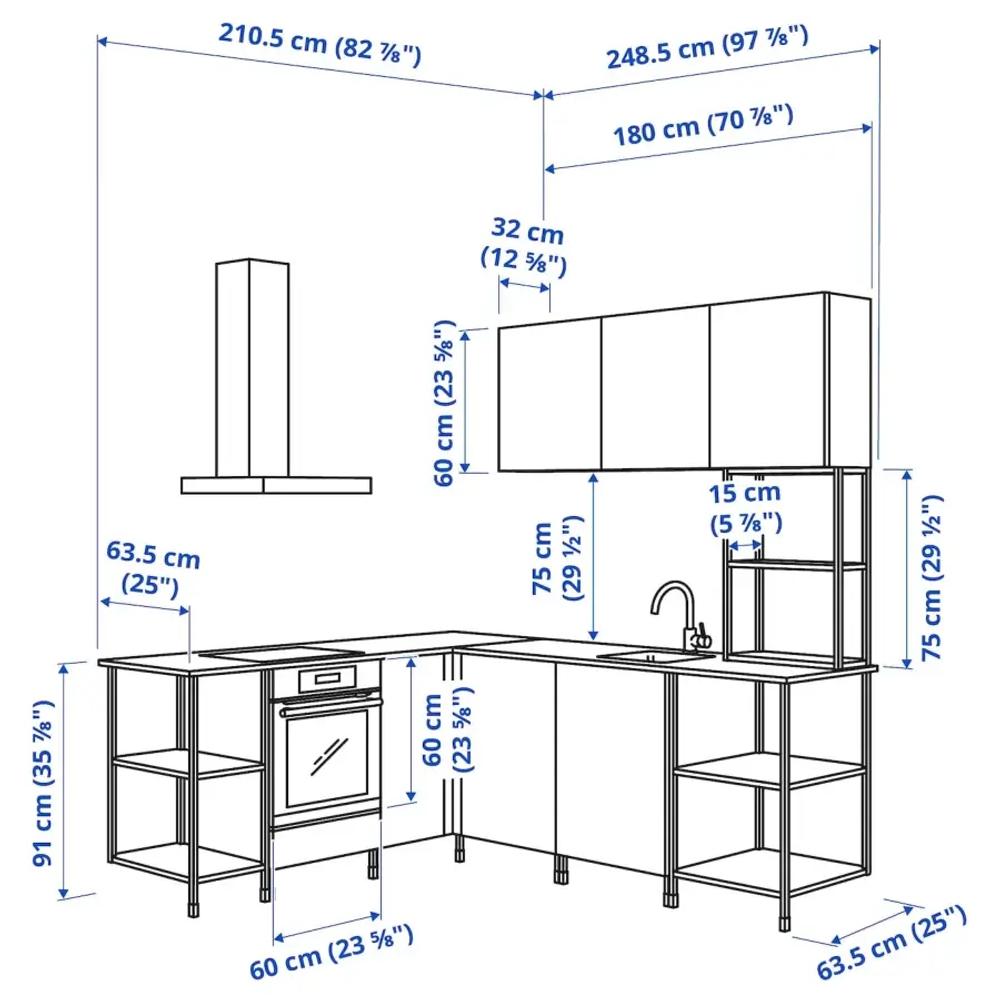Угловой кухонный гарнитур - IKEA ENHET, 210.5х248.5х75 см, белый, ЭНХЕТ ИКЕА