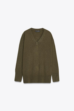 ZARA ТРИКОТАЖНЫЙ СВИТЕР ОВЕРСАЙЗ ИЗ 100% ШЕРСТИ, ЗЕЛЕНЫЙ