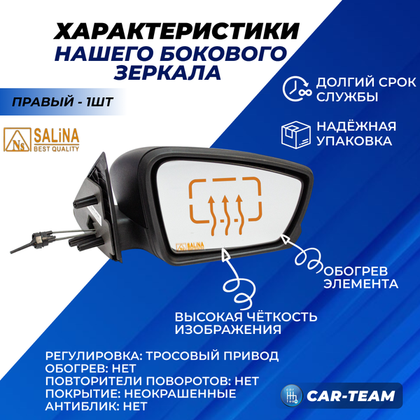 Зеркало на Лада Гранта, Гранта FL, Калина 1-2 без повторителя поворота, тросовый привод, не окрашенное, правое (2191-8201004) (1шт) "Солина"