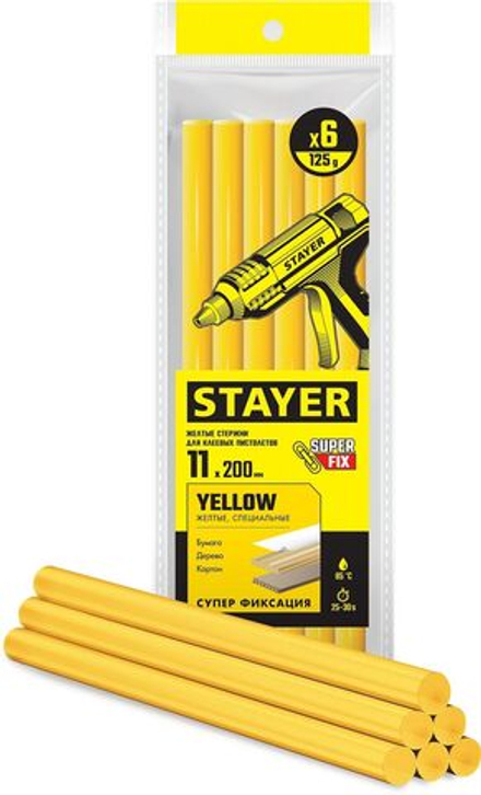 Клеевые стержни STAYER Yellow, жёлтые, 11 х 200 мм, 6 шт, Professional (2-06821-Y-S06)