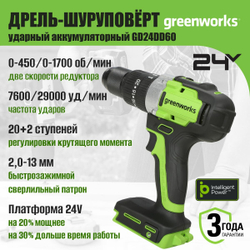 Дрель-шуруповерт уд. аккумуляторная GREENWORKS GD24DD60 24В,60Нм,13 мм,б/щ,без АКБ и ЗУ (3704107)