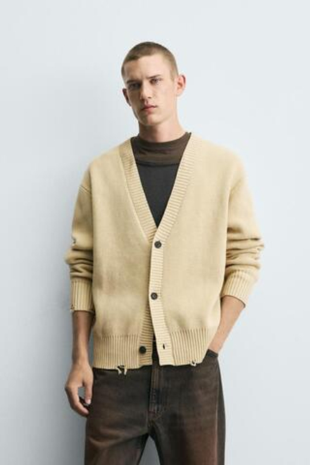 ZARA КАРДИГАН В РУБЧИК С ЭФФЕКТОМ ПОТЕРТОСТИ, ВАНИЛЬНЫЙ