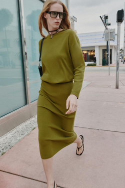 ZARA ДЛИННЫЙ ВЯЗАНЫЙ СВИТЕР, ЦВЕТ МХА