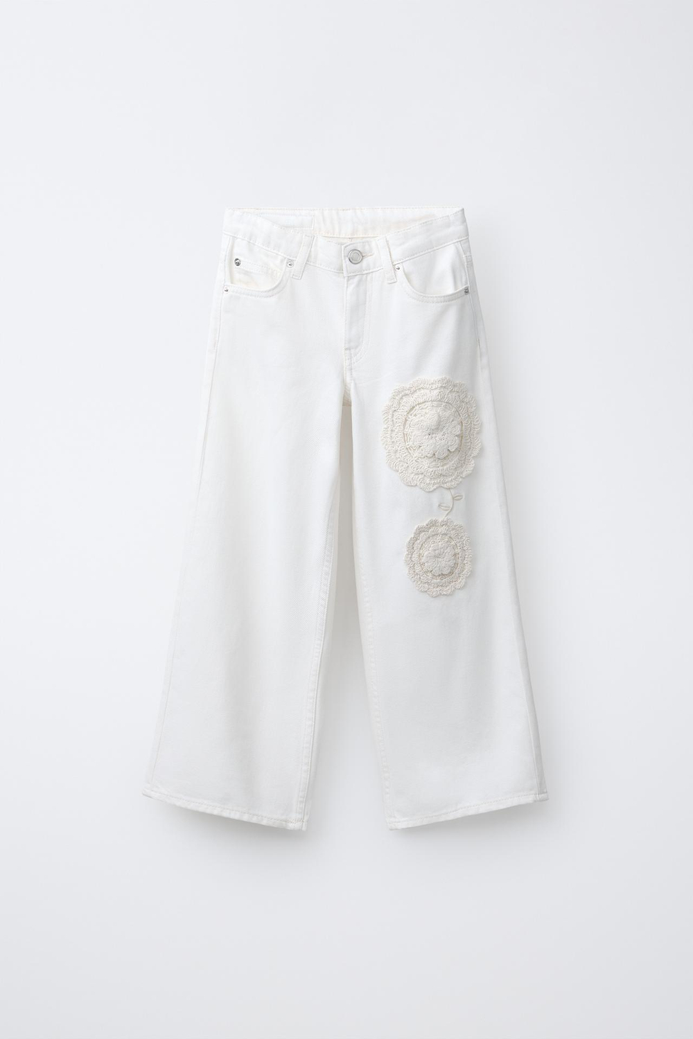 ZARA ДЖИНСЫ WIDE LEG С ЦВЕТАМИ, БЕЛЫЙ