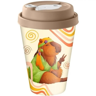 Стакан с крышкой 420мл с декором с клапаном Капибары, Бежевый