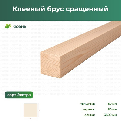 Клееный брус сращенный Ясень, 80×80×3600 мм, сорт Экстра