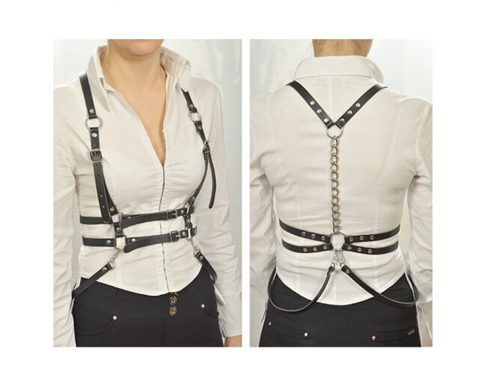 Кожаная портупея с никелированной фурнитурой, 40-44 (Цвет: черный)