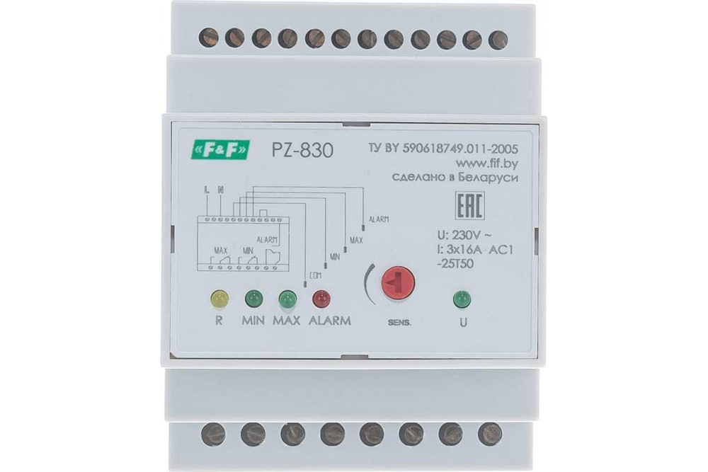 Реле контроля уровня жидкости PZ-830 230В AC 3х16А 3перкл. IP20 (трехуровневый контроль авар. уровня)