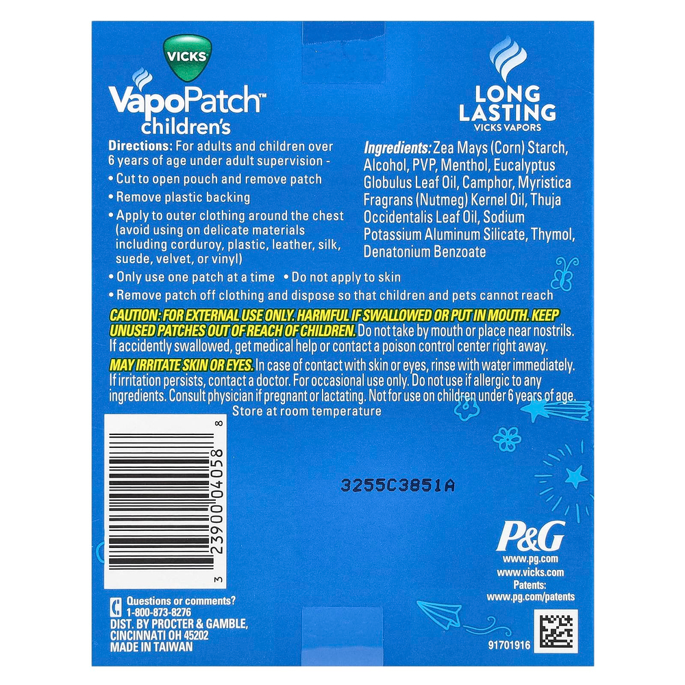 Vicks, VapoPatch ™ для детей, 5 носимых ароматических патчей
